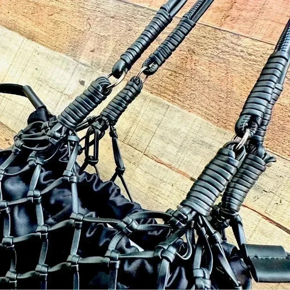 NWOT Top Shop Large Satin PU String Shoulder Tote Bag In Black - Picture 9 of 13